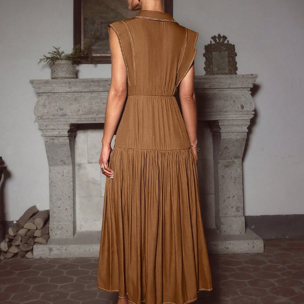 Brown Elegant Women's Sleeveless Dress with Pleated Pocket - Picture 2 of 4